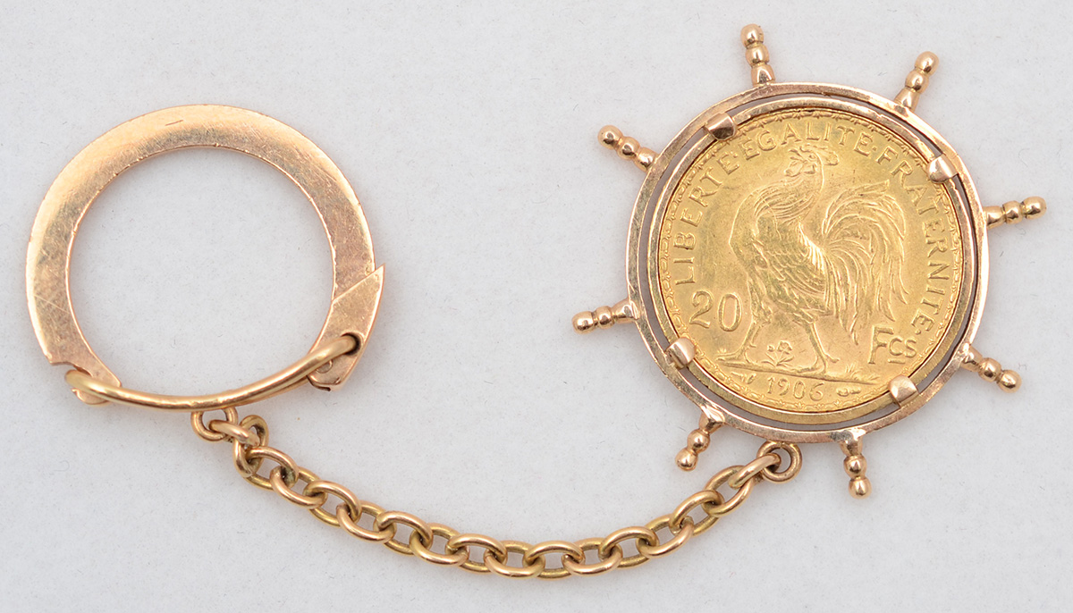 Chaveiro em ouro 18 k e moeda em 22 k - 20 Francos da França. Peso... - foto 2 de 2