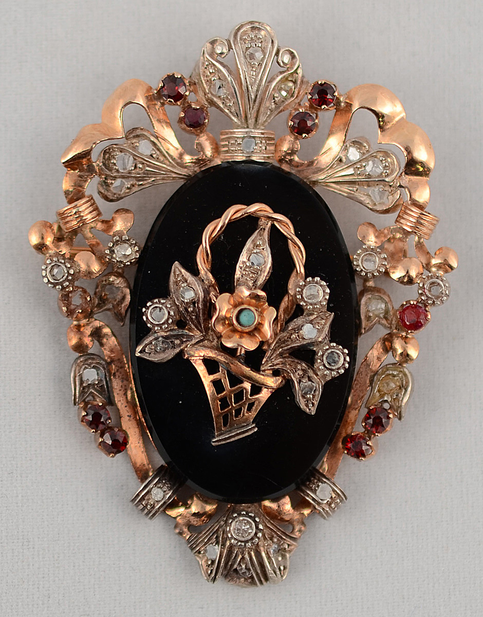 Antigo broche/ pendente de ouro amarelo 18 k com diamantes, rubis e...