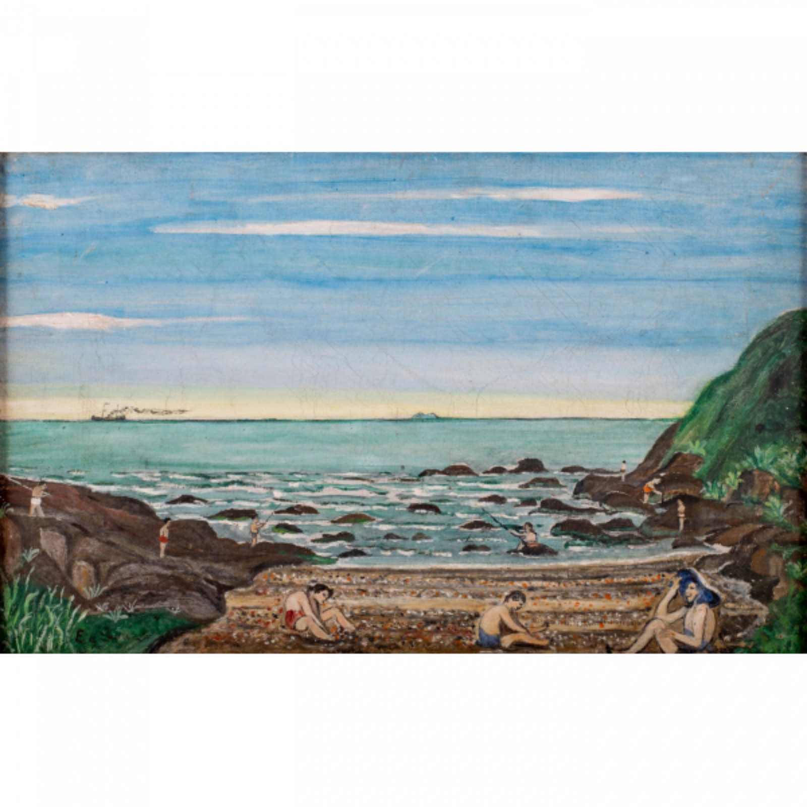 Emídio de Souza. Na Praia. Óleo s/ tela, ass. inf. esq. 28,5 x 45,5cm - foto 1 de 3