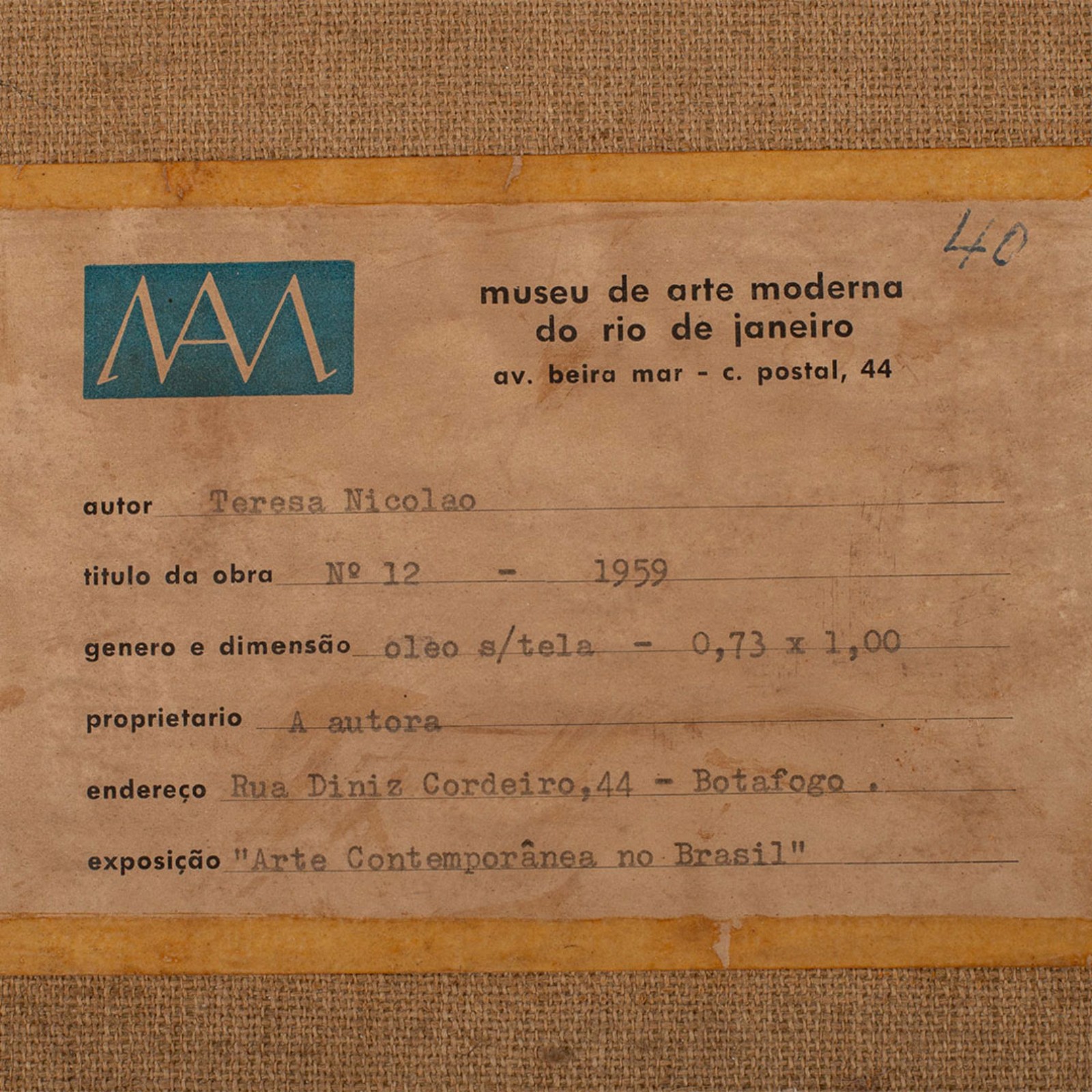 Teresa Nicolao. Abstrato nº 2. Óleo s/ tela, ass. dat. 1959 no verso... - foto 3 de 5