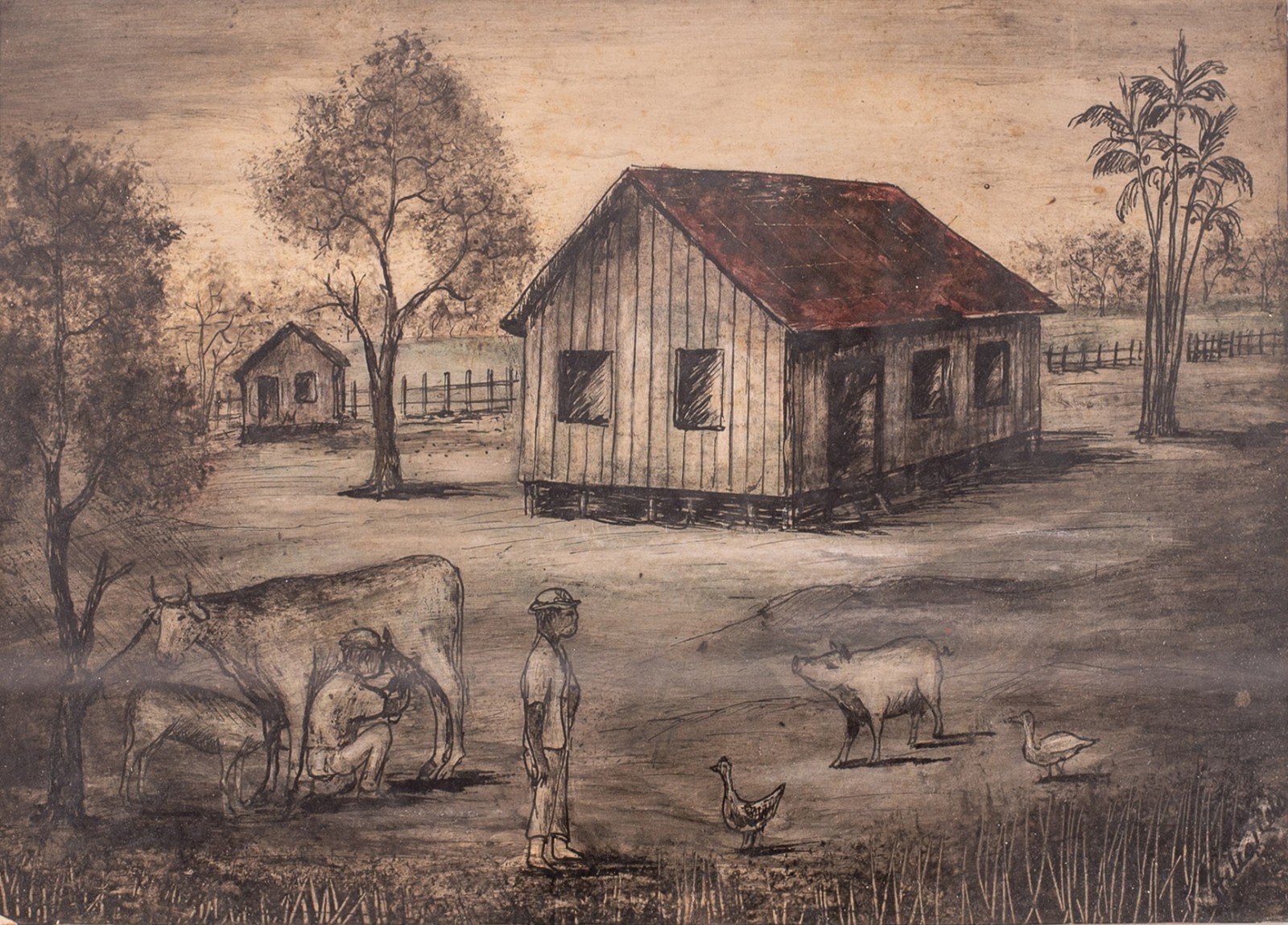 Hélio Mello (1926-2001), Paisagem com casas, figuras e Animais - foto 1 de 5