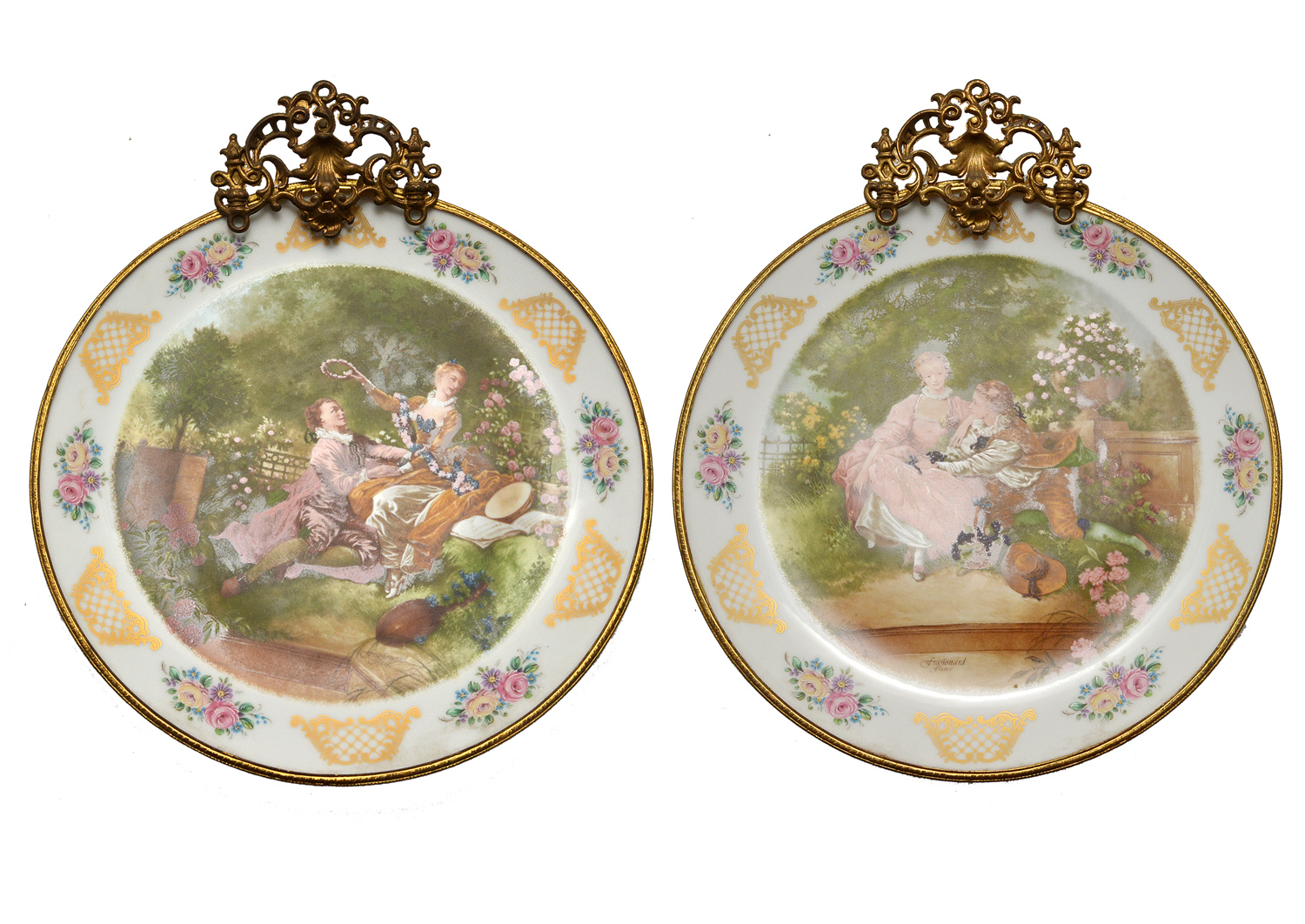 LIMOGES - Par de pratos em porcelana século XIX, tendo em reserva...