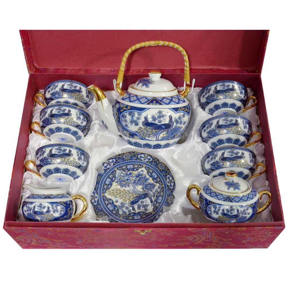 Conjunto para chá para em porcelana chinesa azul e branca decorada...