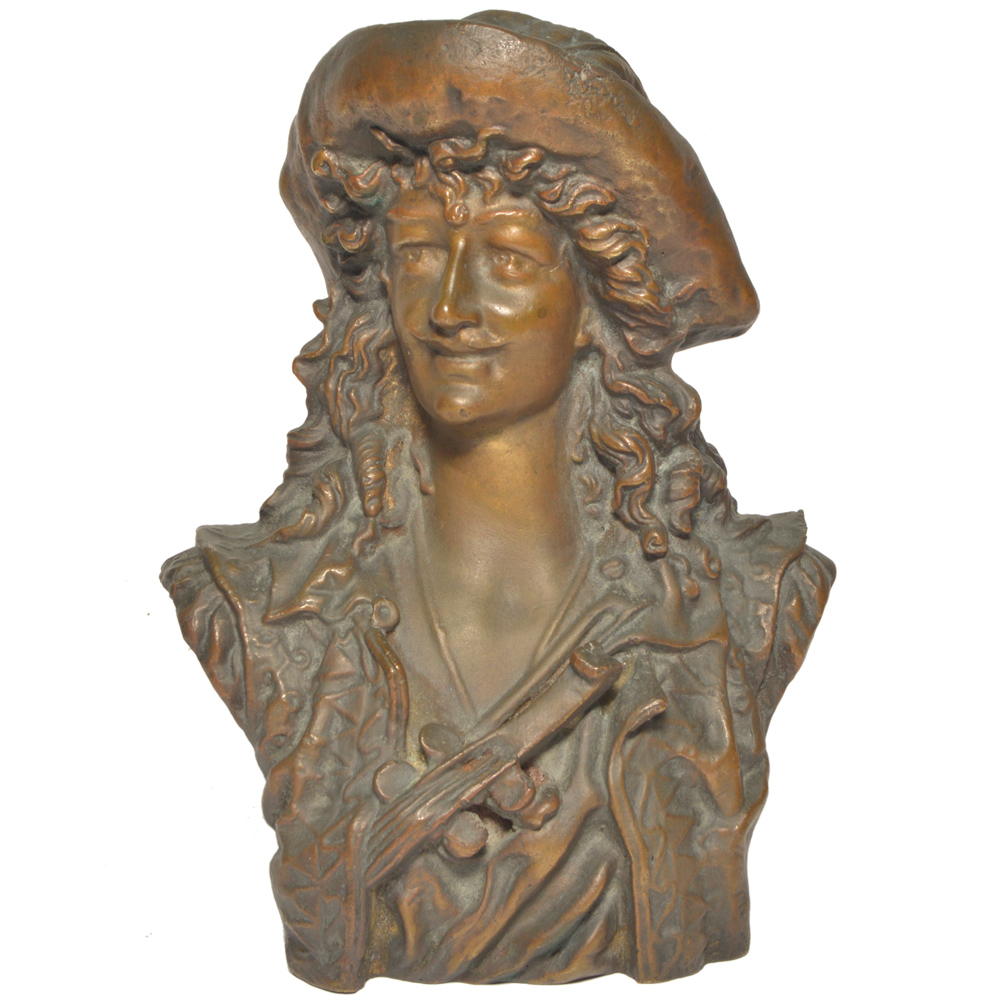 Busto em bronze representando mosqueteiro. .