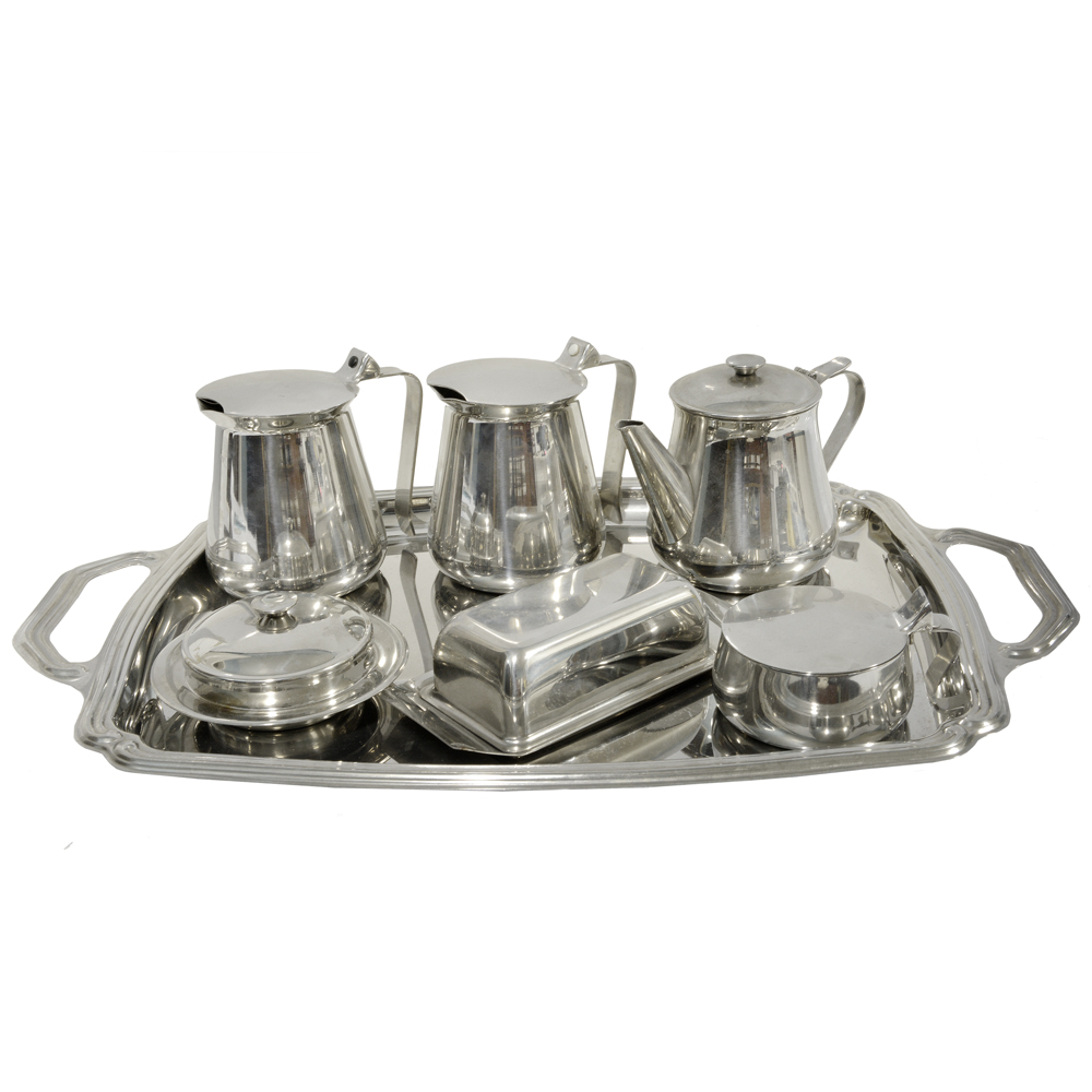 Conjunto para chá e café em metal inox composto de 07 peças, a saber...