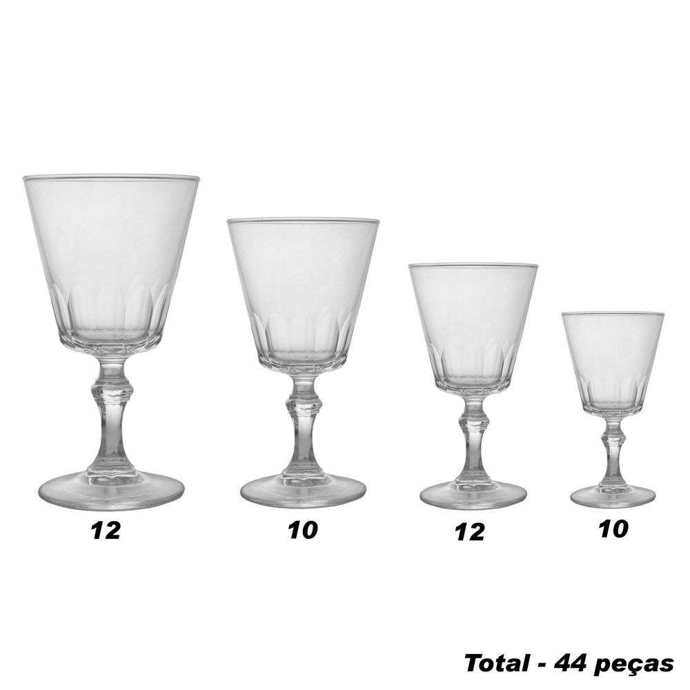 Conjunto em meio cristal composto de 44 taças , sendo: 12 para vinho...