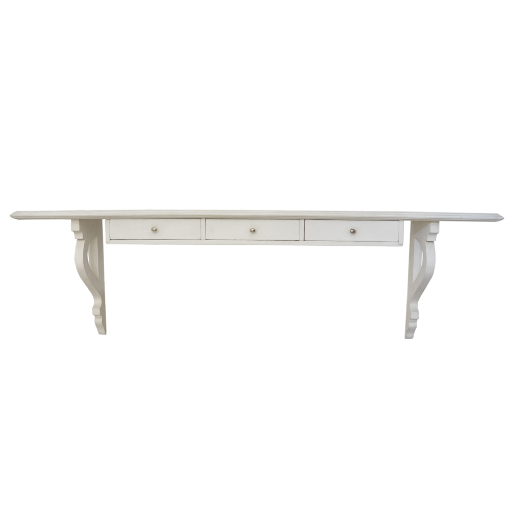 Console de parede em madeira patinada da cor branca com 03 gavetas.