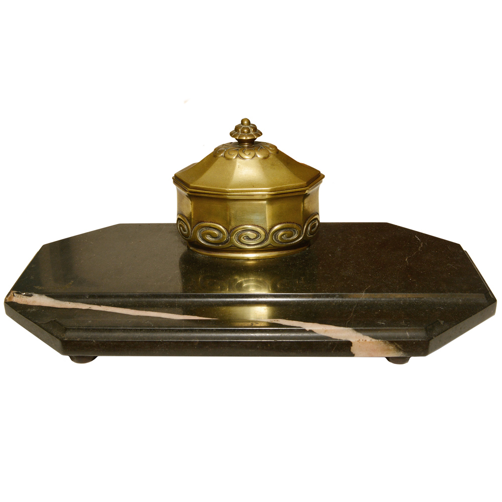 Tinteiro em bronze com base em mármore (no estado)