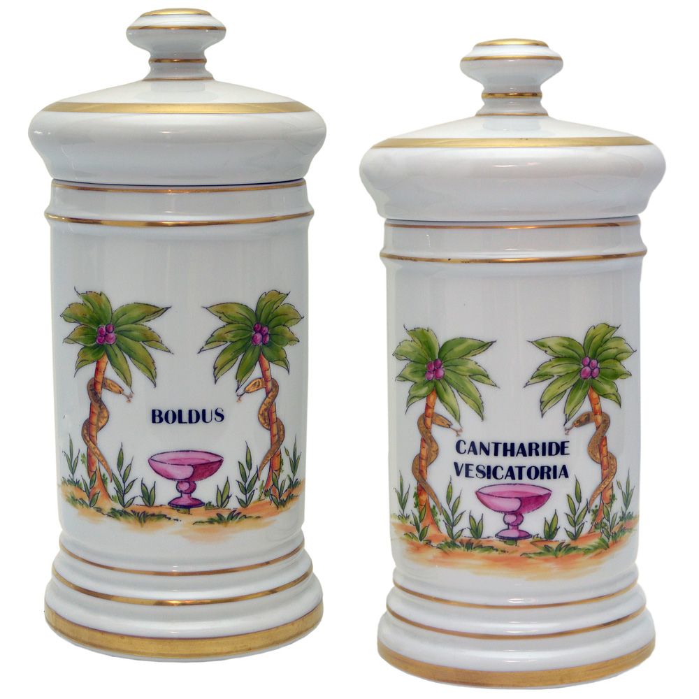 Pendant de potes de farmácia em porcelana. BOLDUS – CANTARIDE...