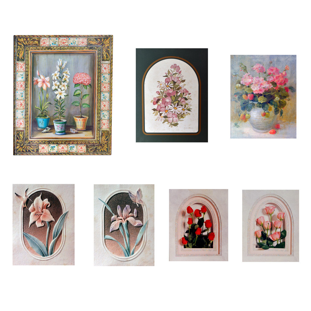 Lote de 07 quadros variados decorativos com motivos florais. Med...