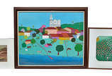 Conjunto com 03 quadros, sendo um sem assinatur... - Conjunto com 03 quadros, sendo um sem assinatura, o.s.t. , medindo 15 x 25 cm; TWSON - o.s.t. "Casario" medindo 60 x 50 cm, assinado e datado 70...