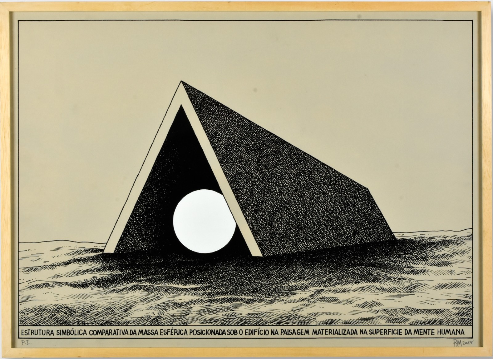 Roberto Magalhães (1940), Estrutura simbólica comparativa da massa esférica posicionada sob o edifício na paisagem materializada na superfície da mente humana, 2017 - foto 1 de 5