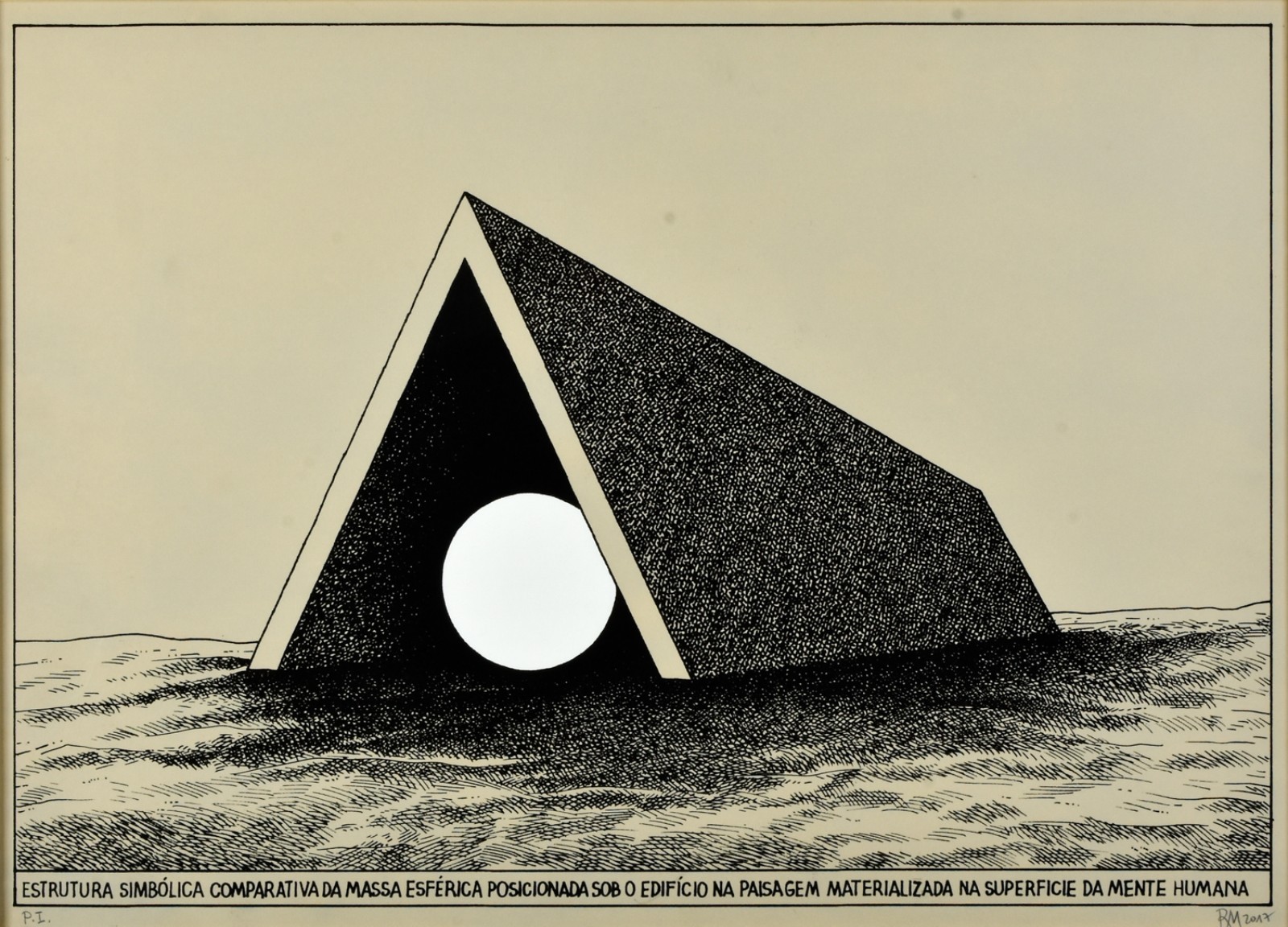 Roberto Magalhães (1940), Estrutura simbólica comparativa da massa esférica posicionada sob o edifício na paisagem materializada na superfície da mente humana, 2017 - foto 2 de 5