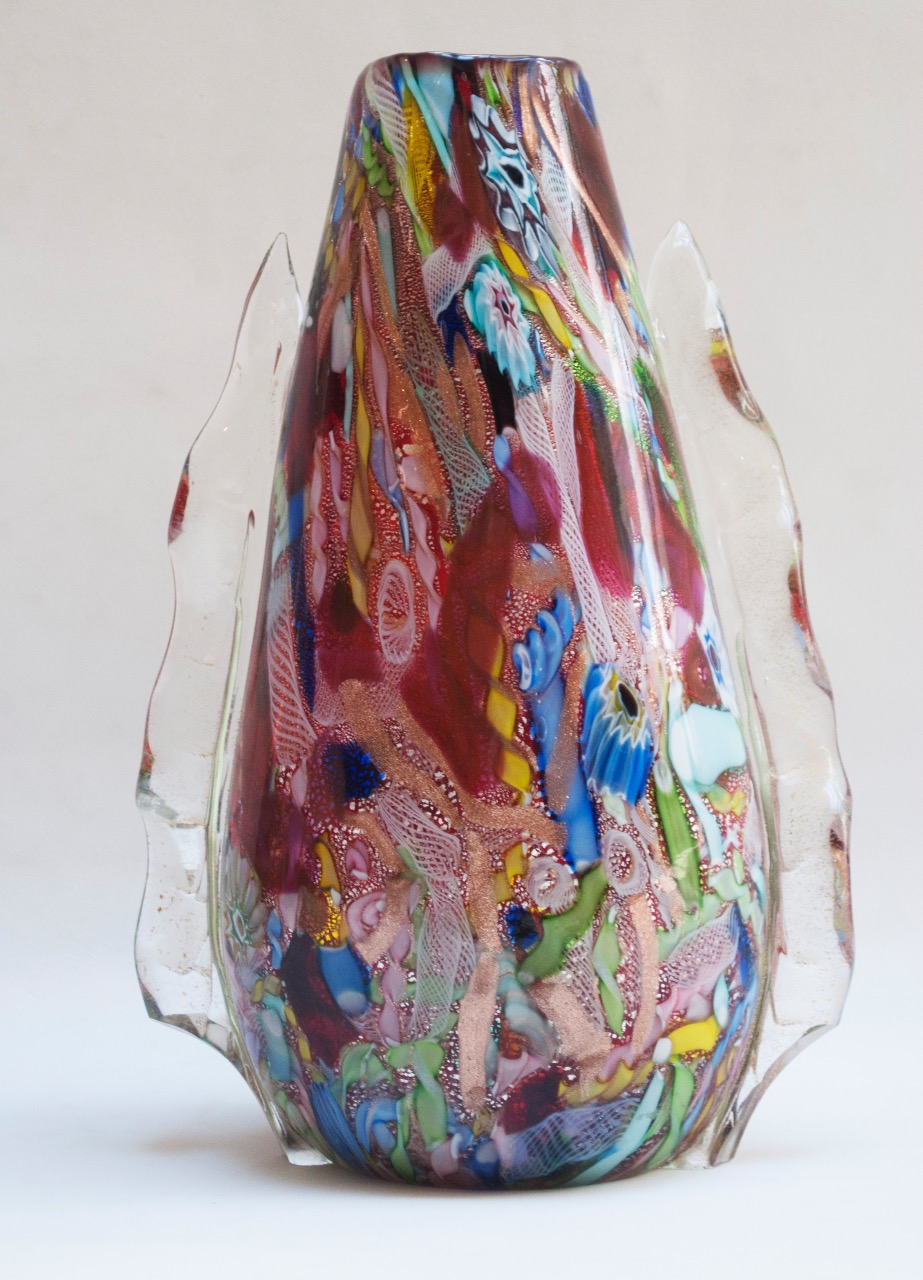 Vaso em vidro artístico de Murano, multicolorido e vermelho, apliques... - foto 1 de 2