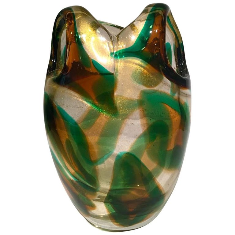 Vaso em vidro artistico soprado de Murano nas cores verde, ambar e... - foto 1 de 5