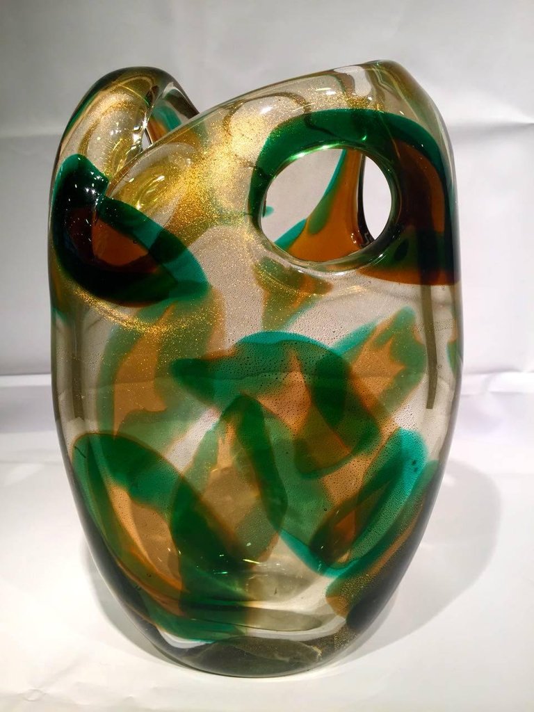 Vaso em vidro artistico soprado de Murano nas cores verde, ambar e... - foto 2 de 5