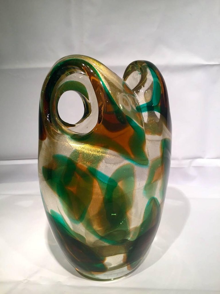 Vaso em vidro artistico soprado de Murano nas cores verde, ambar e... - foto 3 de 5