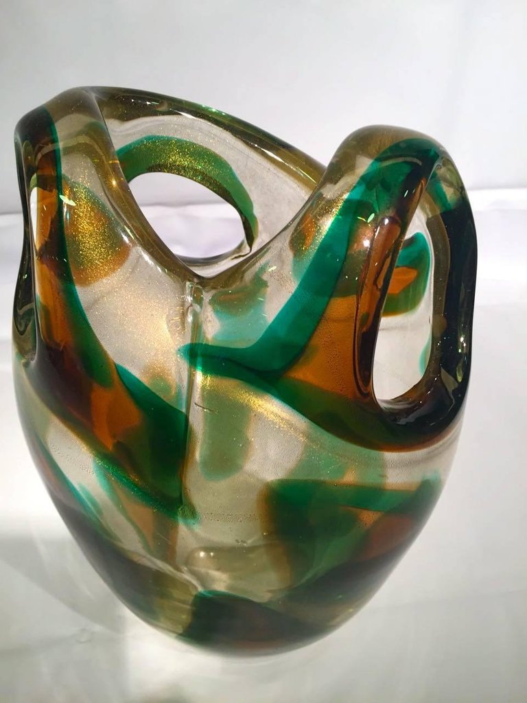 Vaso em vidro artistico soprado de Murano nas cores verde, ambar e... - foto 4 de 5