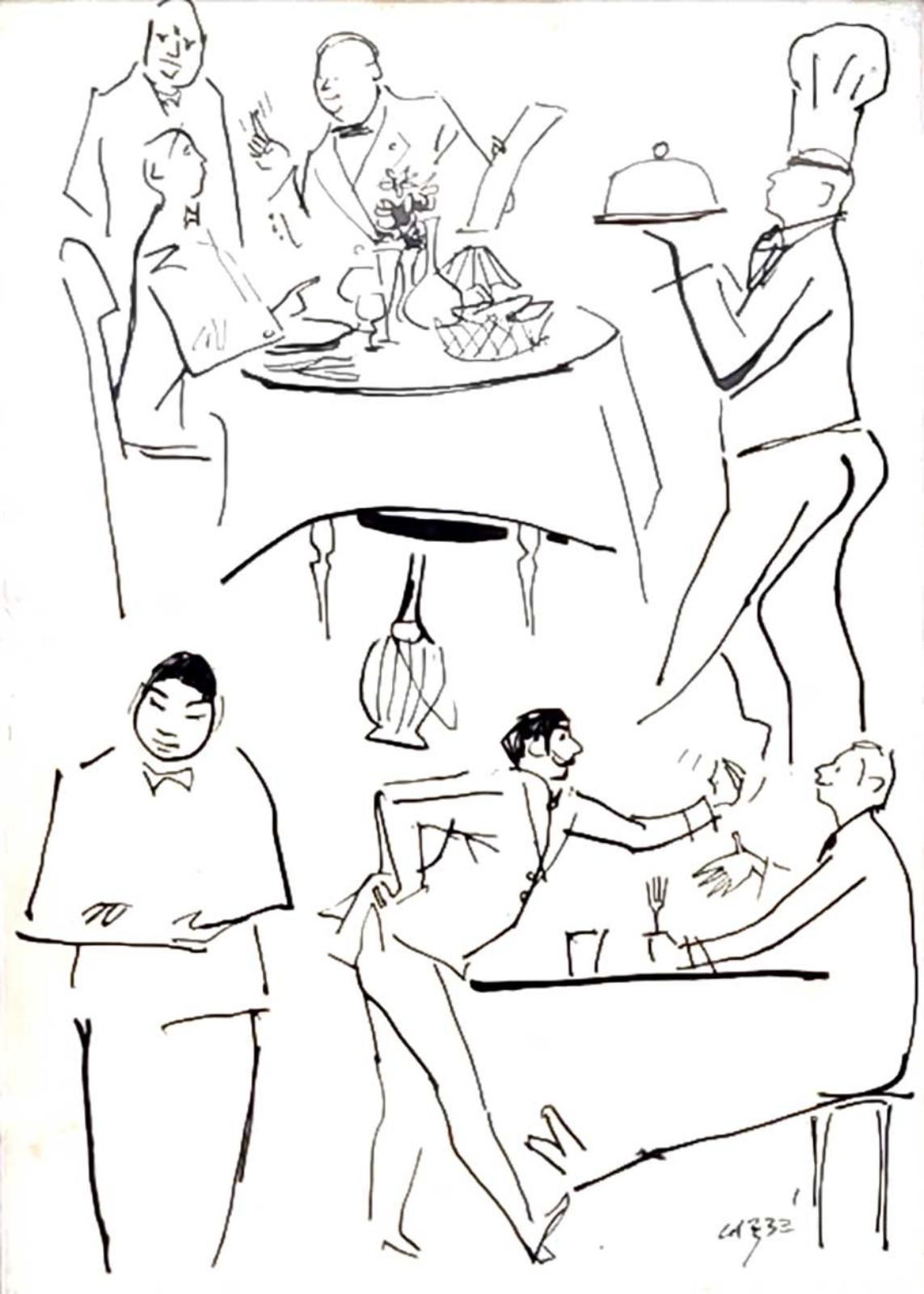 Hector Carybé (1911-1997), Cenas em uma Cantina Italiana - Charge, Caricatural, Storyboard - Atribuído aos anos 1950-60 - foto 1 de 3