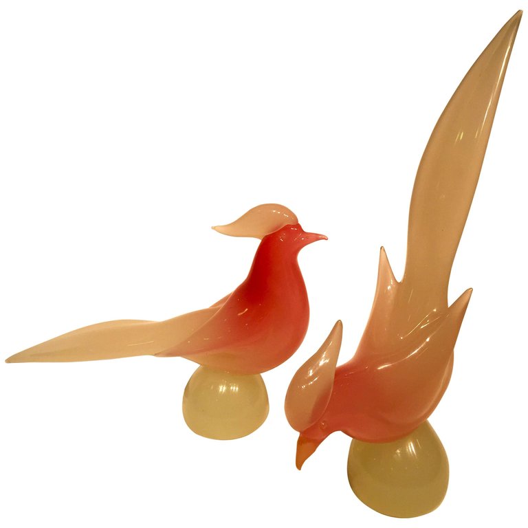 Par de esculturas de faisões em vidro artistico soprado de Murano na... - foto 1 de 3