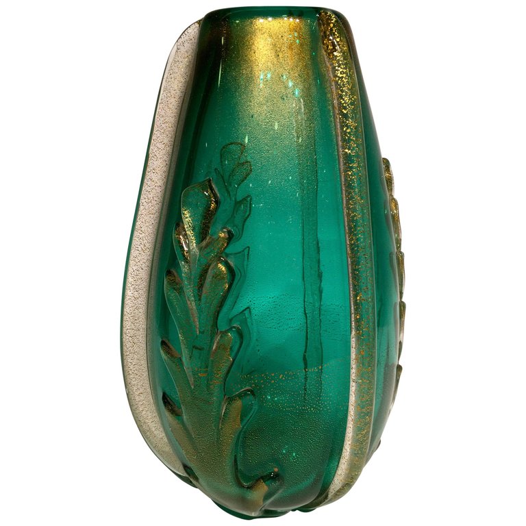 Vaso em vidro artistico soprado de Murano na cor verde e ouro com... - foto 1 de 6