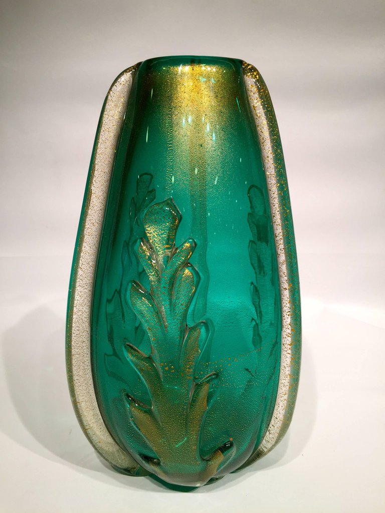 Vaso em vidro artistico soprado de Murano na cor verde e ouro com... - foto 6 de 6