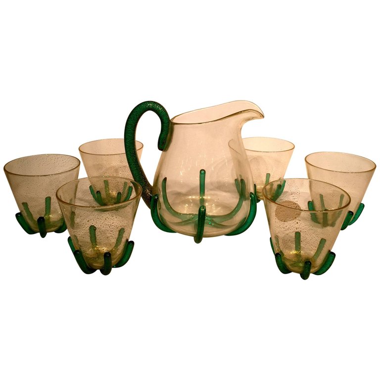 Conjunto de bar em vidro artistico soprado de Murano com jarra e seis... - foto 1 de 5
