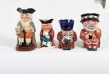 Royal Doulton (1815),  - Lotes compostos por 4 canecas de coleção em cerâmica inglesa ricamente policromada, representando " Aguerre / The winker / Ancião / Harry John".<br><b