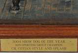 R. Chashoudian,  - Trofeu em bronze com base em madeira representando " Cachorro " com placa com a inscrição ( 2004 show Dog of the year Non-Sporting Group Champion, Ch 