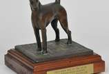 R. Chashoudian,  - Trofeu em bronze com base em madeira representando " Cachorro " com placa com a inscrição ( 2004 show Dog of the year Non-Sporting Group Champion, Ch 