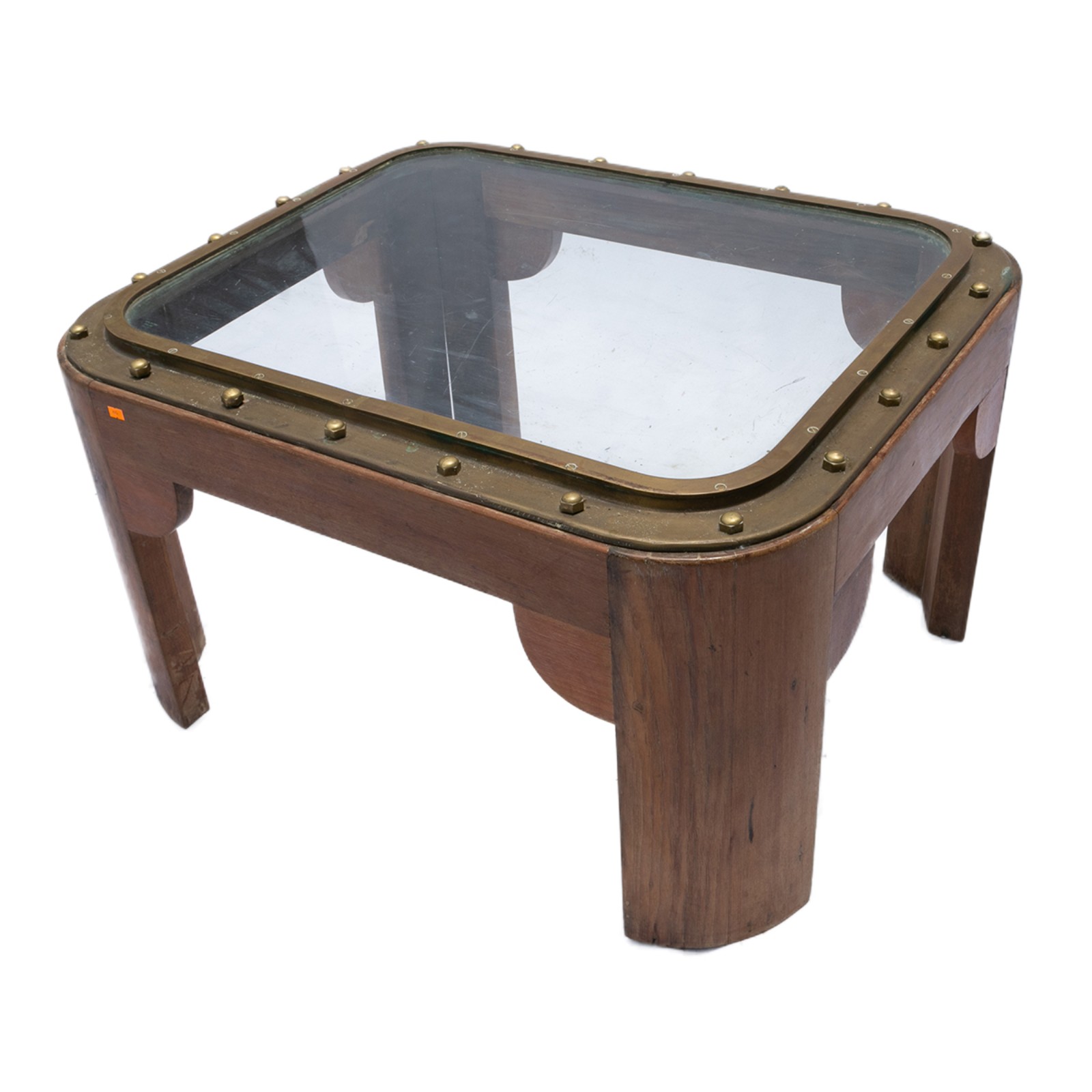 Mesa em madeira nobre com tampo em vidro e cercadura em bronze... - foto 2 de 3