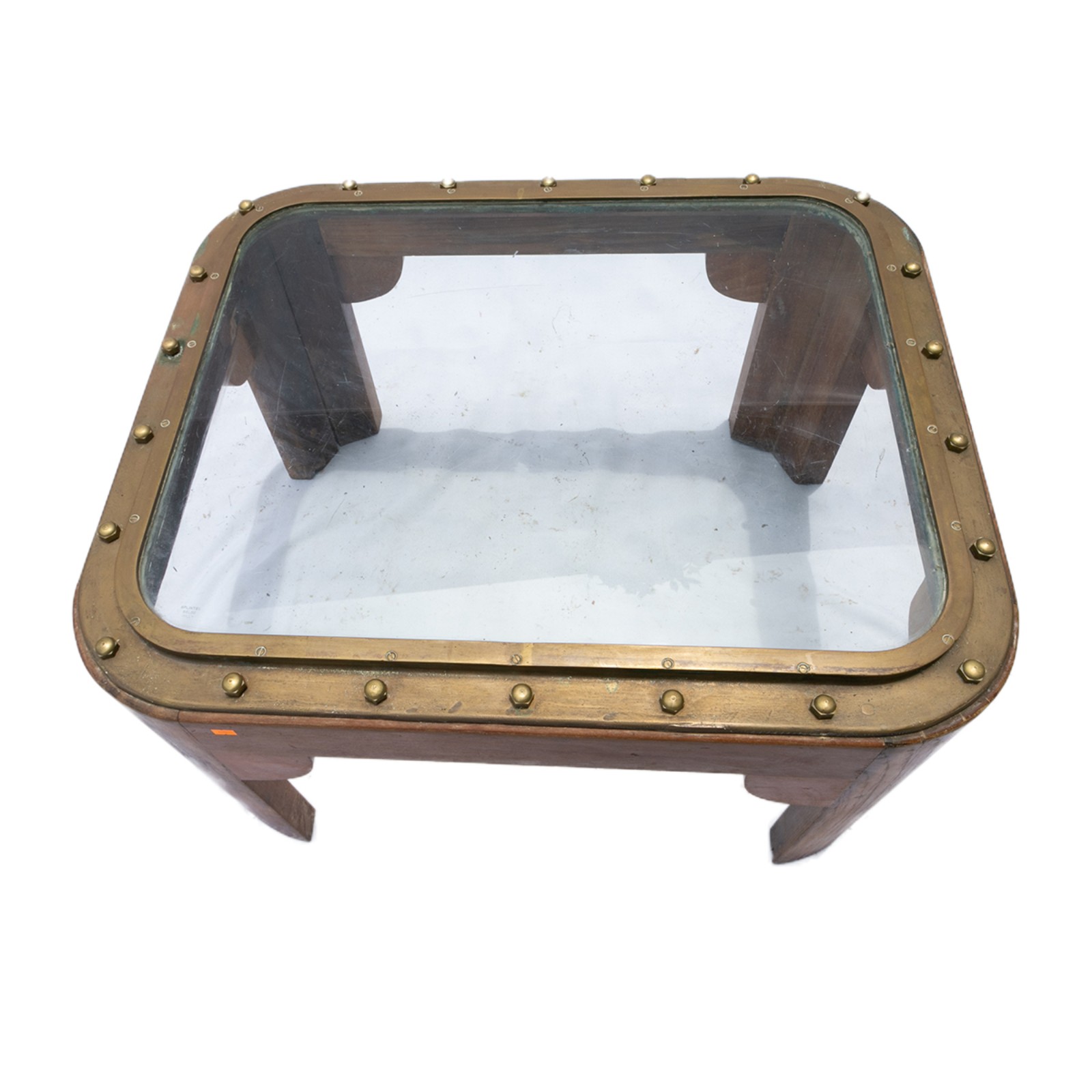 Mesa em madeira nobre com tampo em vidro e cercadura em bronze... - foto 3 de 3