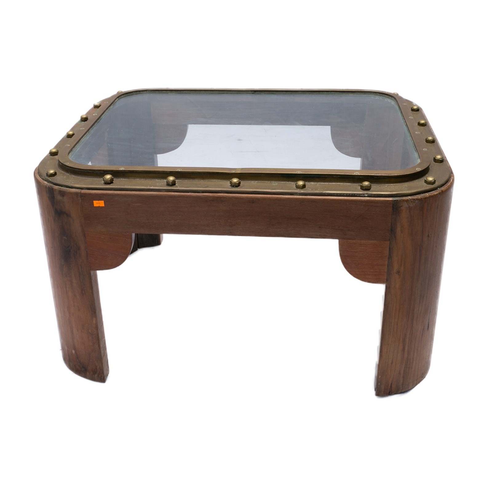 Mesa em madeira nobre com tampo em vidro e cercadura em bronze... - foto 1 de 3