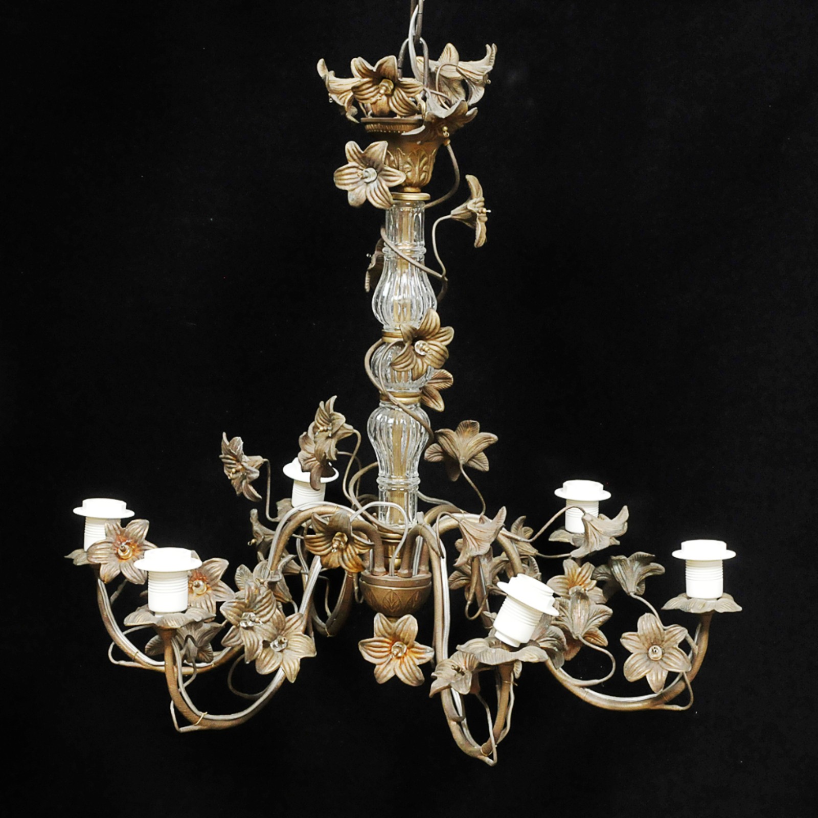 Lustre de teto francês para 6 lâmpadas em bronze dourado e cristal... - foto 1 de 3