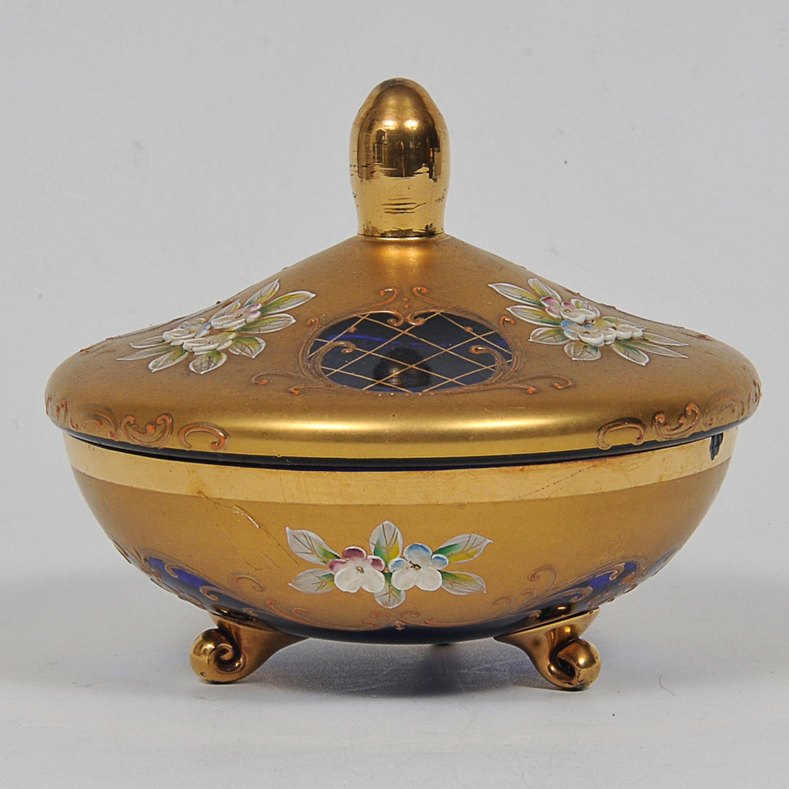 Bombonier em cristal veneziano azul cobalto e dourado com flores... - foto 1 de 4