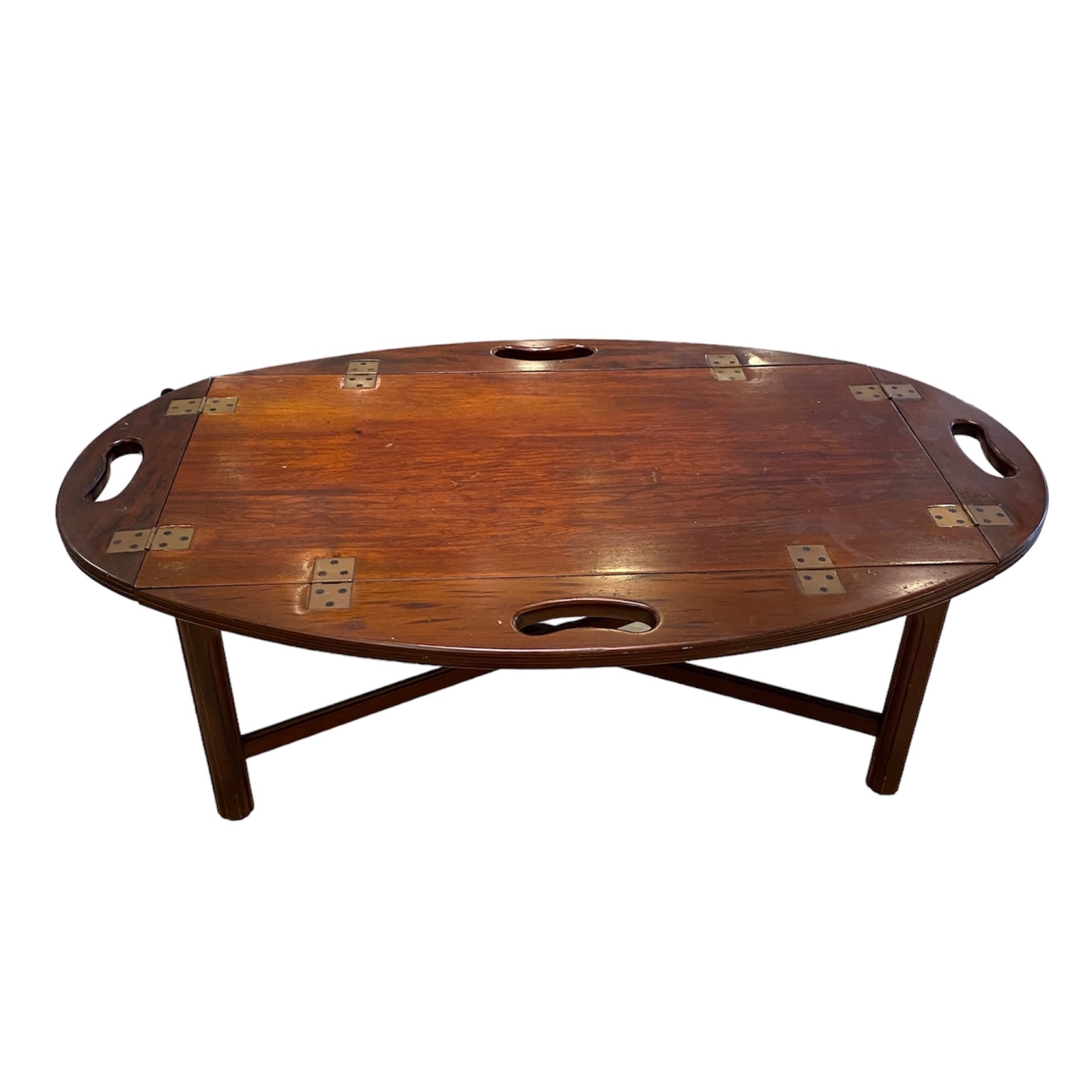 Mesa de centro em madeira nobre com tampo oval e abas dobraveis com... - foto 1 de 3