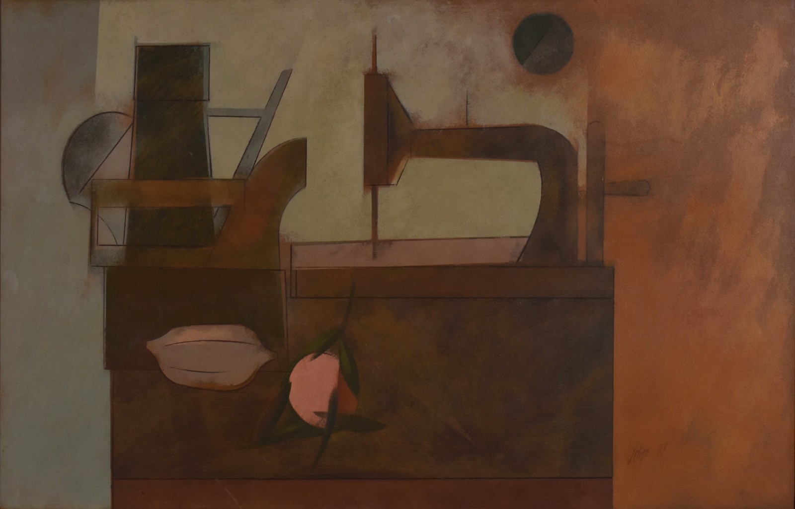 Carlos Scliar (1920-2001), Natureza Morta: maquina de costura, ferro de passar, bule e fruta. 1978 - foto 1 de 5