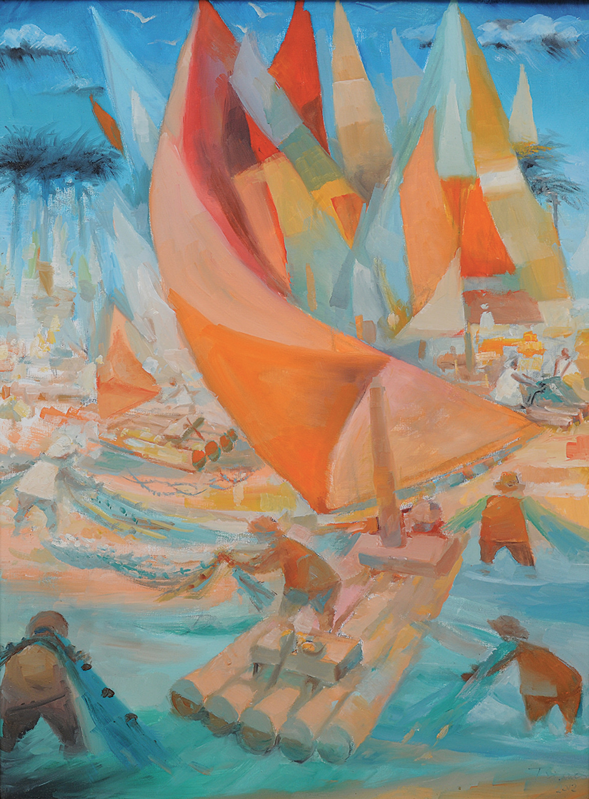 Enrico Bianco (1918-2013), PESCADORES E JANGADAS COM VASO DE FLORES, 2005 - foto 1 de 2