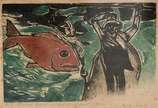 Oswaldo Goeldi (1895-1961), Figura com peixe, 1981 - Xilogravura <br>Gravação de Reis Júnior dat. 1981. ass. inf. esquerdo  por Beatriz Reynal<br>P.A <br><br>