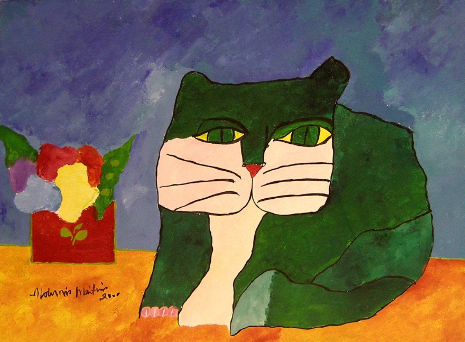Aldemir Martins (1922-2006), Gato Verde e vaso vermelho com flores, 2000 - foto 1 de 2