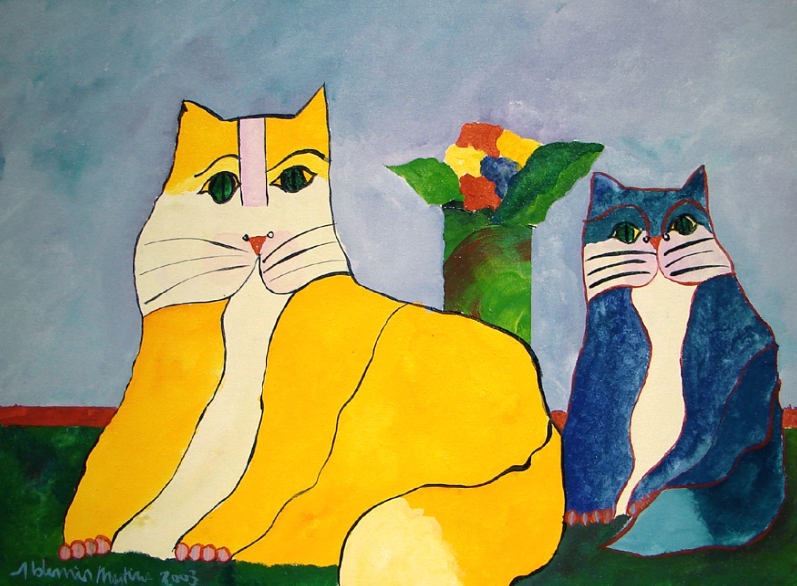 Aldemir Martins (1922-2006), Gato Amarelo e Gato Azul Com Vaso, 2003