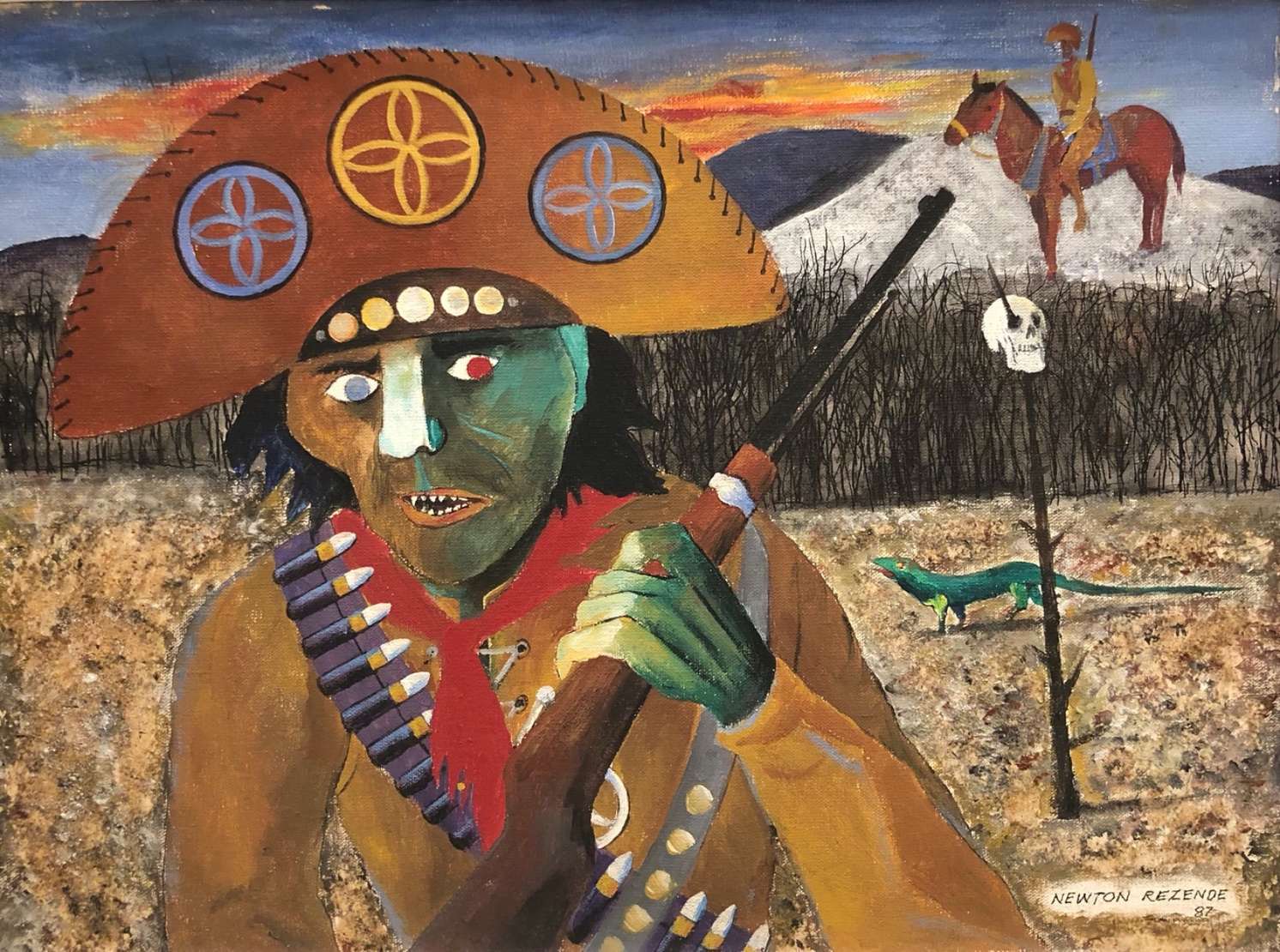 Newton Rezende (1912-1994), Cangaço, 1987 - Óleo s/ eucatex<br>Ass. inf. direito<br><br><br>Newton de Rezende Silva (1912-1994) foi um artista multifacetado, atuando como pintor, desenhista, gra