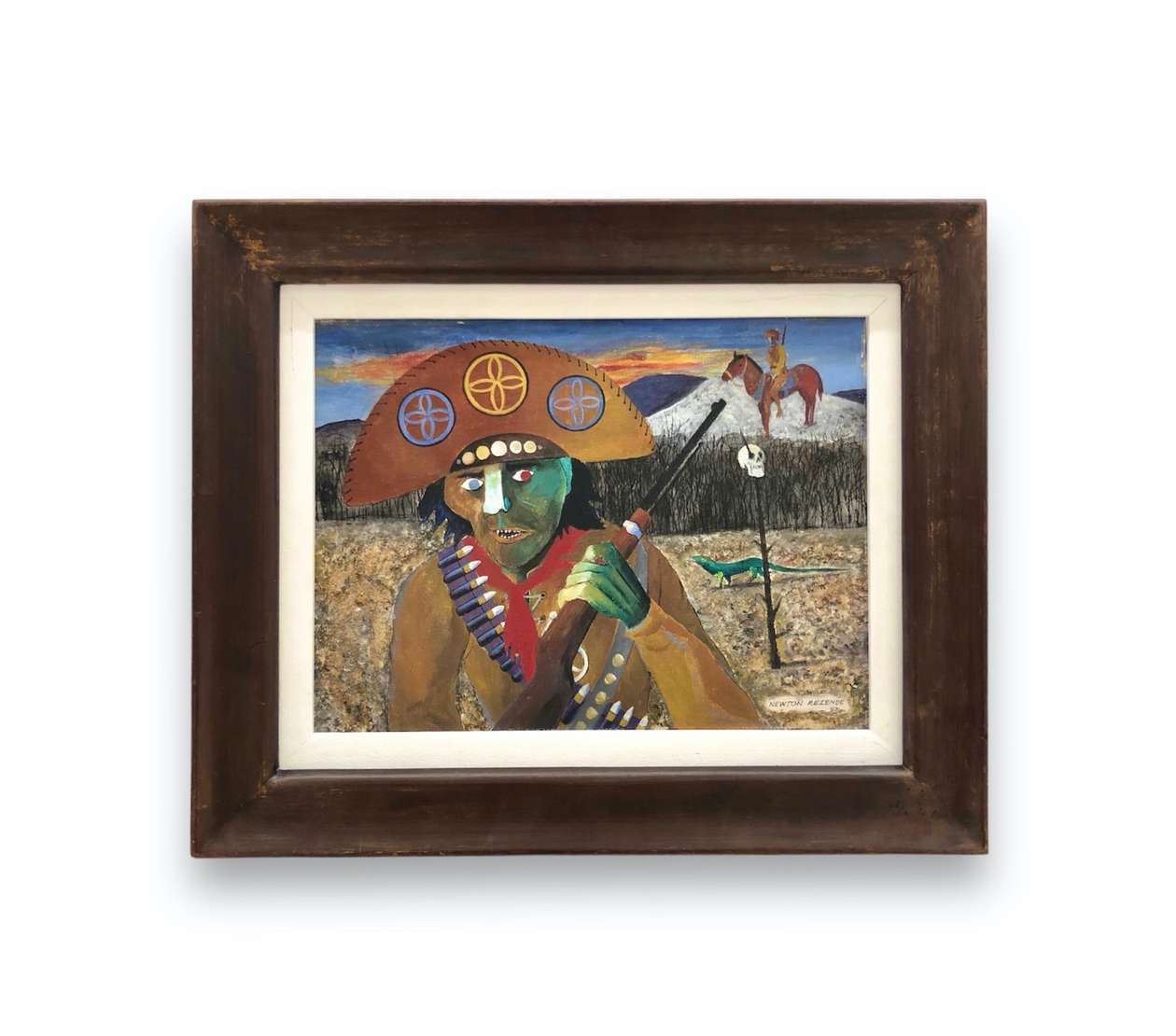 Newton Rezende (1912-1994), Cangaço, 1987 - Óleo s/ eucatex<br>Ass. inf. direito<br><br><br>Newton de Rezende Silva (1912-1994) foi um artista multifacetado, atuando como pintor, desenhista, gra