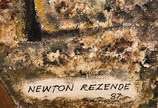 Newton Rezende (1912-1994), Cangaço, 1987 - Óleo s/ eucatex<br>Ass. inf. direito<br><br><br>Newton de Rezende Silva (1912-1994) foi um artista multifacetado, atuando como pintor, desenhista, gra
