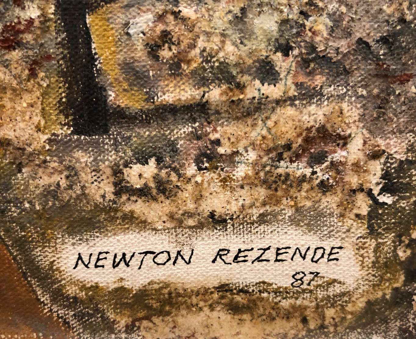 Newton Rezende (1912-1994), Cangaço, 1987 - Óleo s/ eucatex<br>Ass. inf. direito<br><br><br>Newton de Rezende Silva (1912-1994) foi um artista multifacetado, atuando como pintor, desenhista, gra