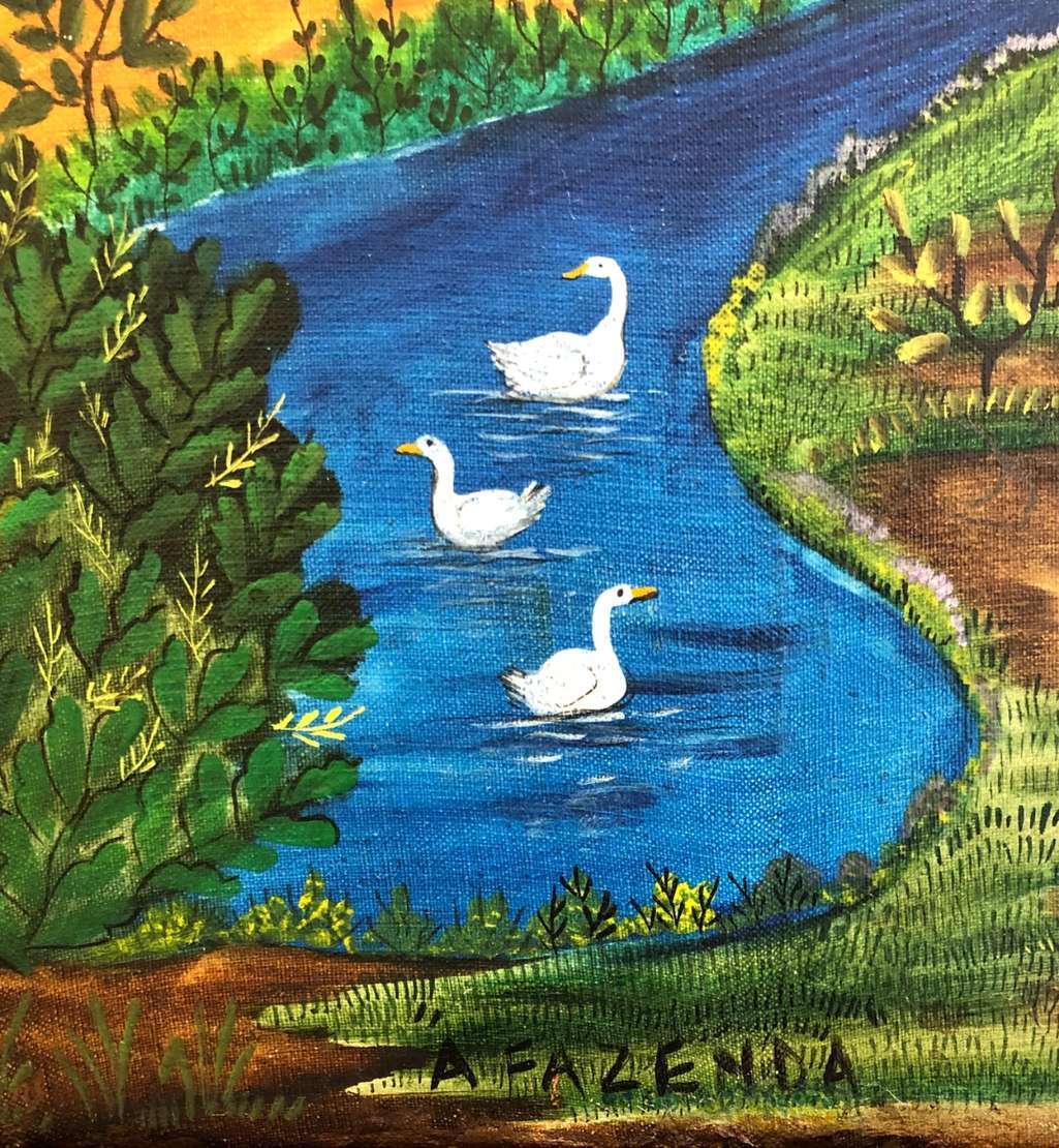 Rosina Becker do Valle (1914-2000), A Fazenda, 1969 - Óleo s/ tela<br>Ass. dat. tit. inf. central<br><br>A obra "A Fazenda" de Rosina Becker Do Vale retrata uma paisagem rural serena, com um rio se...