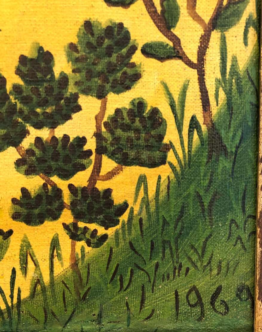 Rosina Becker do Valle (1914-2000), A Fazenda, 1969 - Óleo s/ tela<br>Ass. dat. tit. inf. central<br><br>A obra "A Fazenda" de Rosina Becker Do Vale retrata uma paisagem rural serena, com um rio se...
