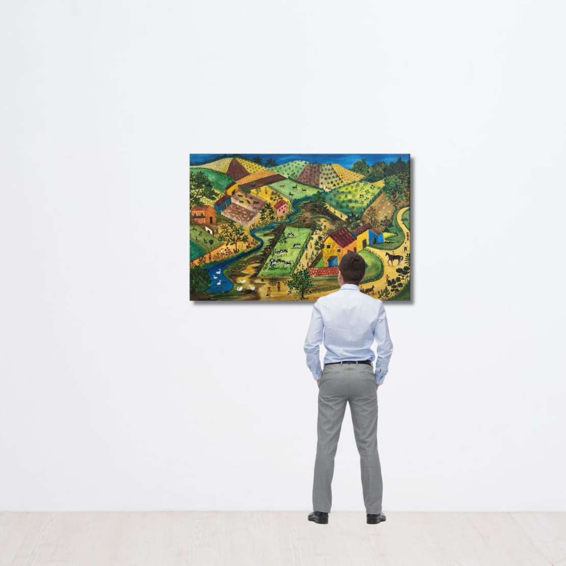 Rosina Becker do Valle (1914-2000), A Fazenda, 1969 - Óleo s/ tela<br>Ass. dat. tit. inf. central<br><br>A obra "A Fazenda" de Rosina Becker Do Vale retrata uma paisagem rural serena, com um rio se...