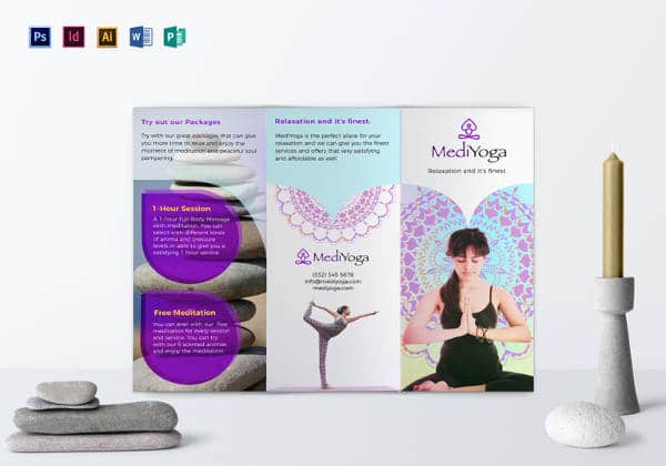 Modelo Brochura fácil de editar aula de yoga