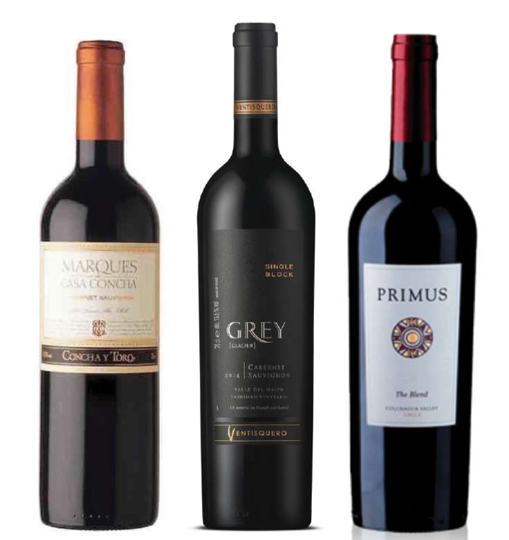 PACK MARQUES GREY PRIMUS (Cabernet): Vino Marques de Casa Concha Cabernet 750cc + Vino Ventisquero Grey Cabernet 750cc + Vino Veramonte Primus The Blend 750cc